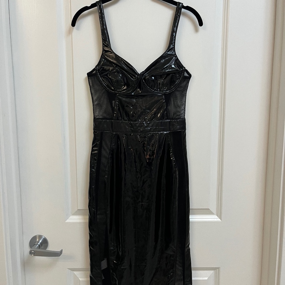 House of CB “Firalla” Black Vinyl & Mesh Midi Dress – Size XS